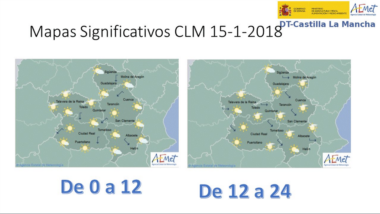 Tiempo para el 15 de enero en Castilla-La Mancha. Fuente: Aemet.