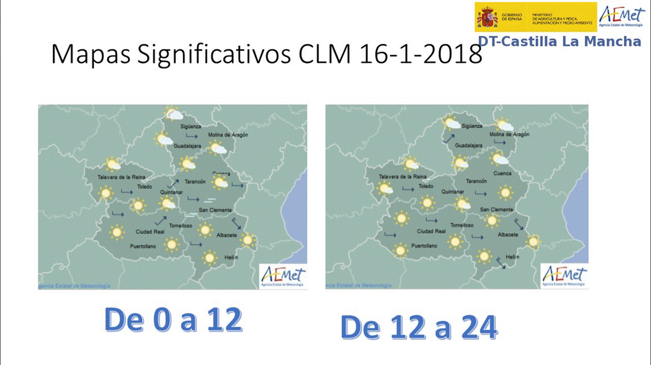 Tiempo para el 16 de enero en Castilla-La Mancha. Fuente: Aemet.