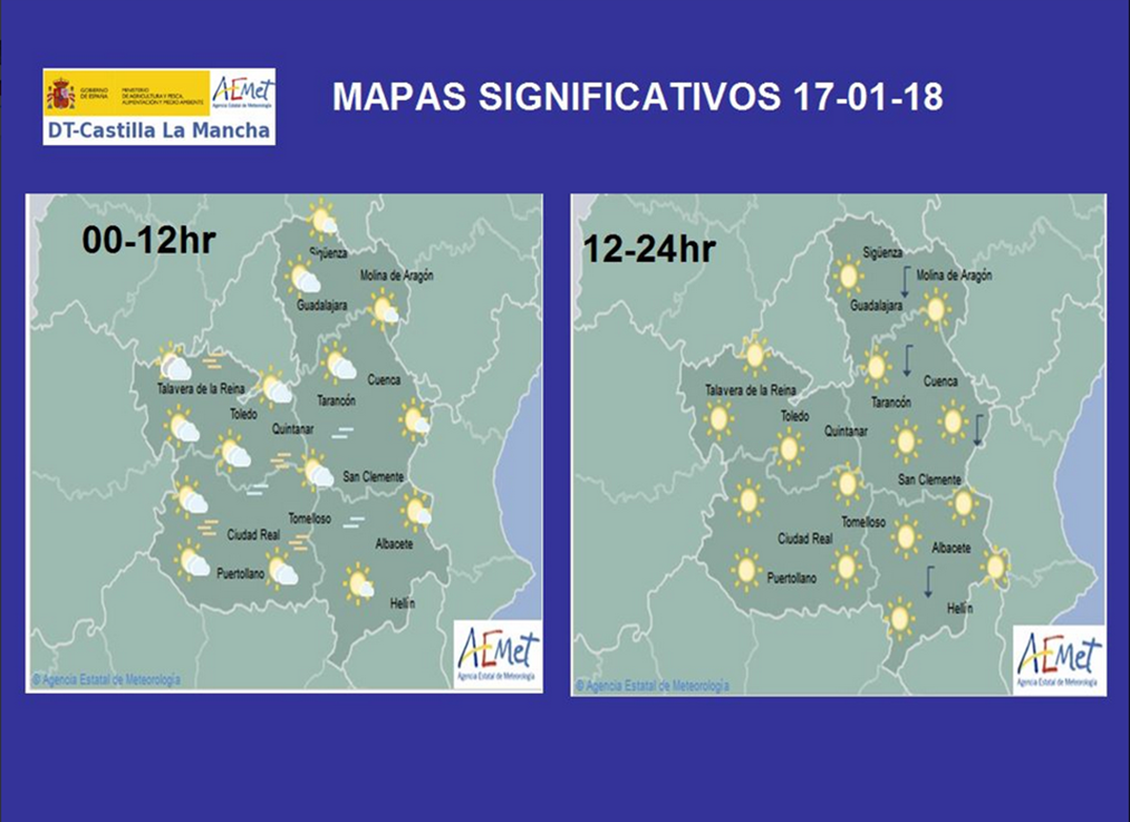 Tiempo para el 17 de enero en Castilla-La Mancha. Fuente: Aemet.