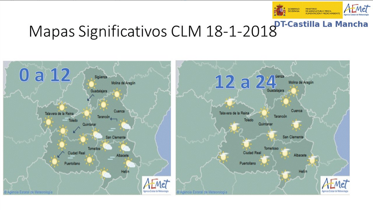 Mapa del tiempo para el 18 de enero en Castilla-La Mancha. Fuente: Aemet.