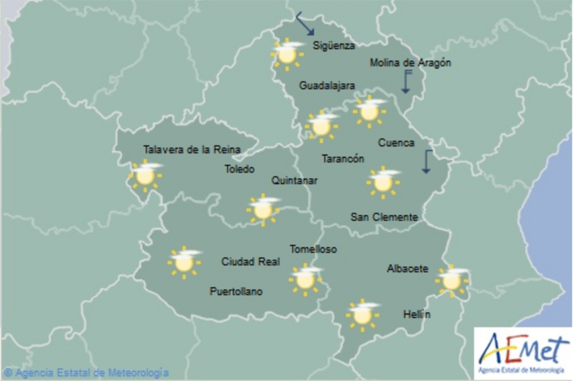 Mapa del tiempo para el 19 de enero en Castilla-La Mancha. Fuente: Aemet.