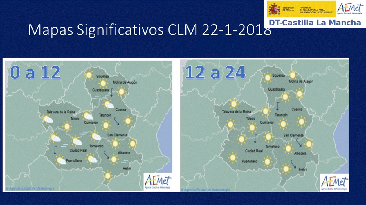 Previsión del tiempo para el 22 de enero en Castilla-La Mancha. Fuente: Aemet.