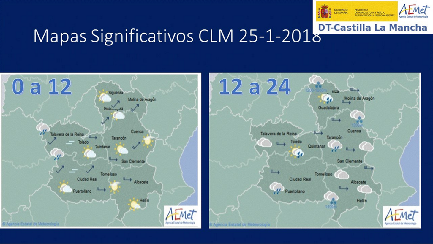 Previsión del tiempo para el 25 de enero en Castilla-La Mancha. Fuente: Aemet.