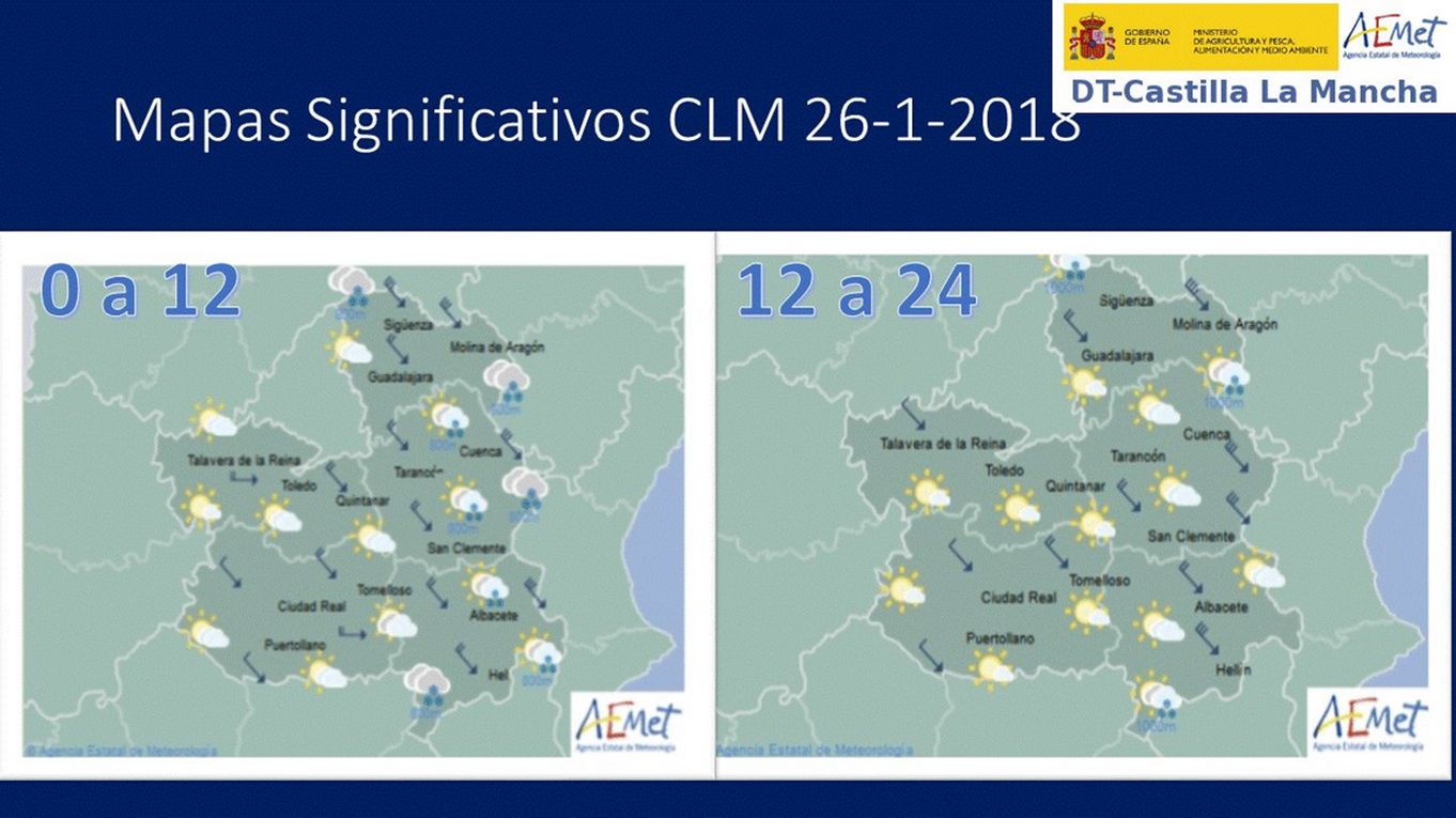 Previsión del tiempo para el 26 de enero en Castilla-La Mancha. Fuente: Aemet