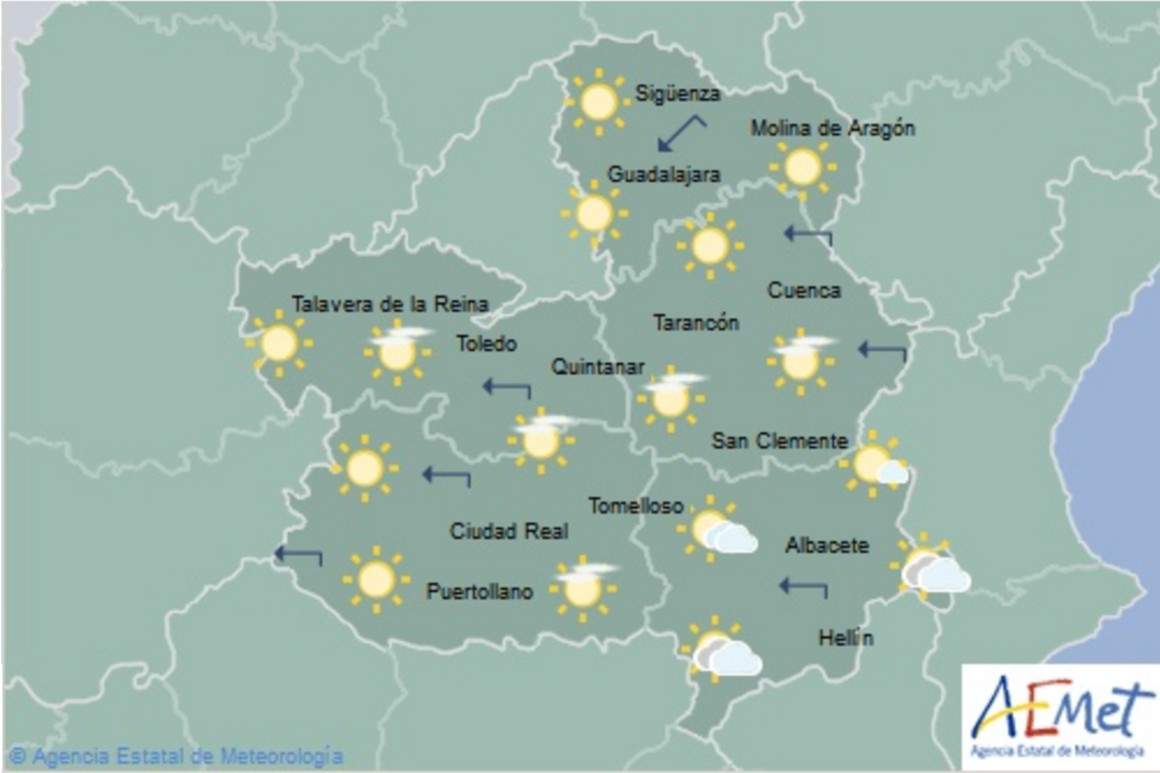 Previsión del tiempo para el 29 de enero en Castilla-La Mancha. Fuente: Aemet.