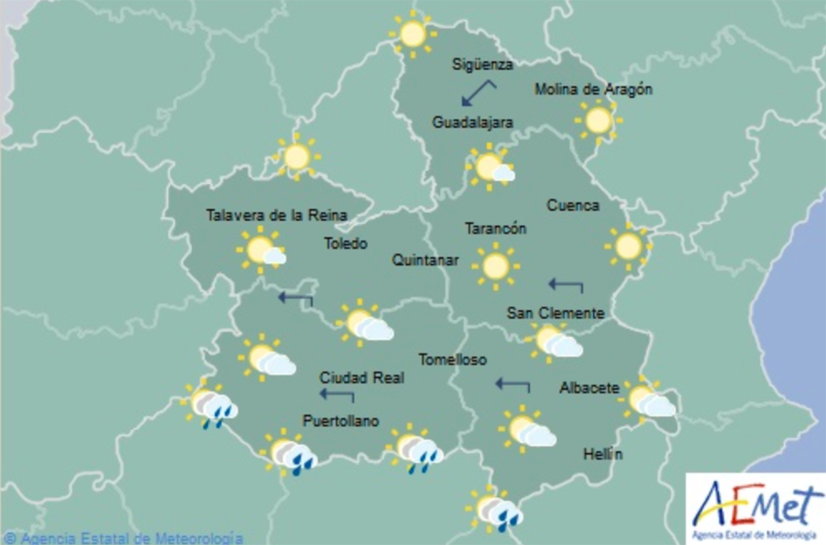 Predicción del tiempo para el 31 de enero en Castilla-La Mancha. Fuente: Aemet.