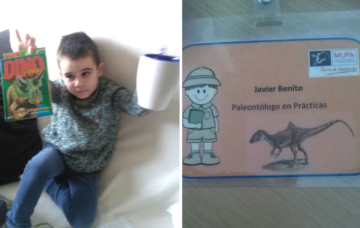 Javi con los regalos que le hicieron en el Museo Paleontológico de Cuenca.