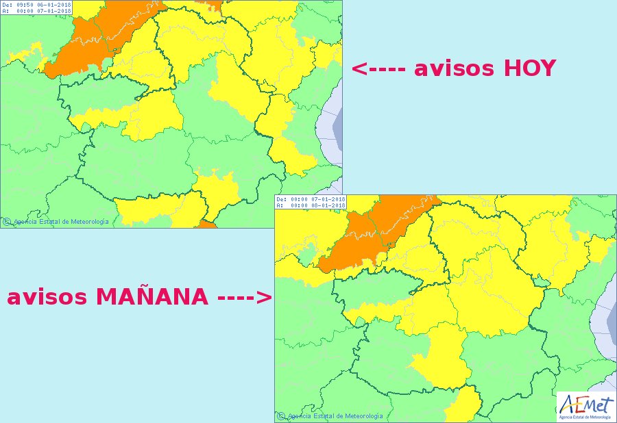 Mapa de alerta amarilla por lluvia y nieve en CLM, vía Aemet