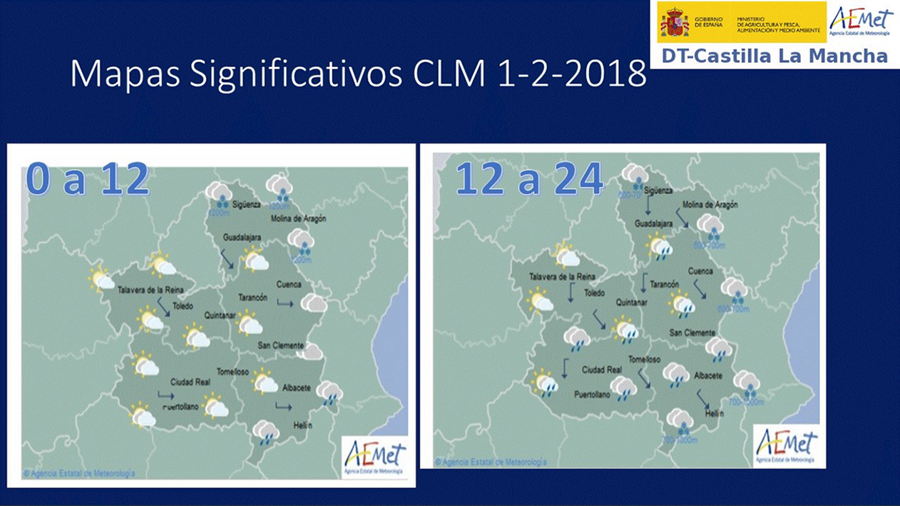 Previsión del tiempo para el 1 de febrero en Castilla-La Mancha. Fuente: Aemet.