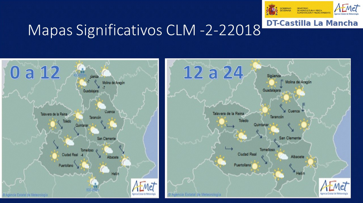 Mapa del tiempo para el 2 de febrero en Castilla-La Mancha. Fuente: Aemet