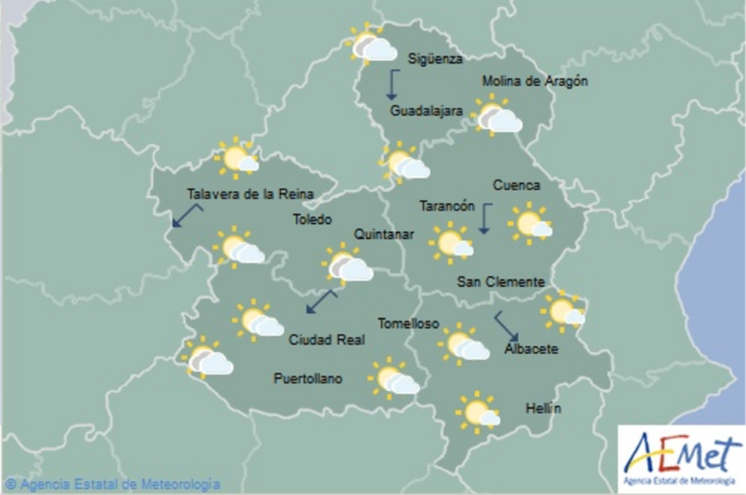 Previsión del tiempo para el 7 de febrero en Castilla-La Mancha. Fuente: Aemet.