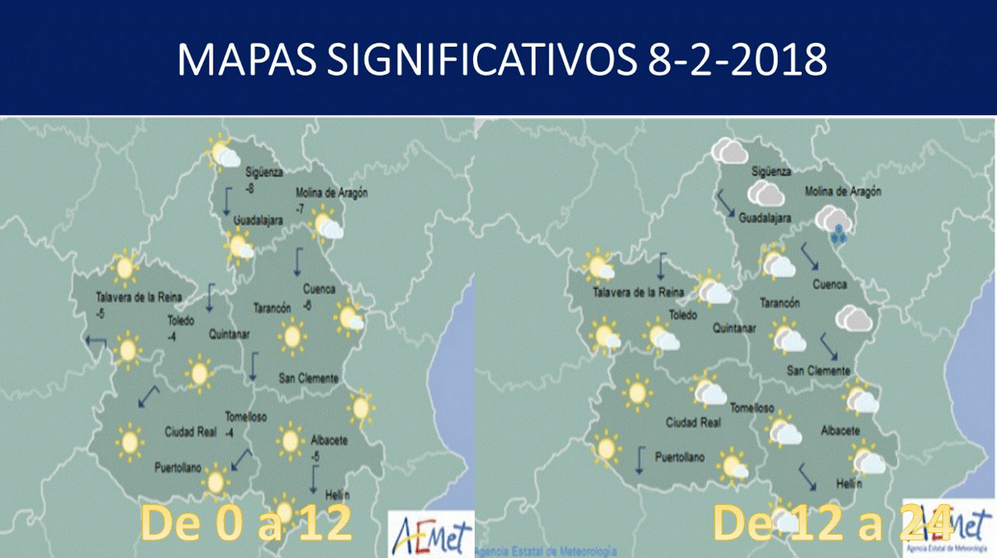 Previsión del tiempo para el 8 de febrero en Castilla-La Mancha. Fuente: Aemet.