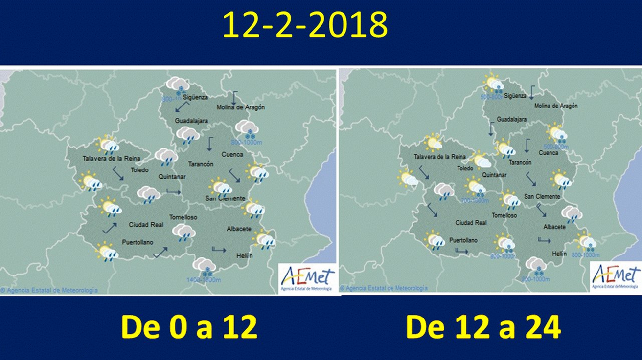 Mapa del tiempo para el 12 de febrero en Castilla-La Mancha. Fuente: Aemet.