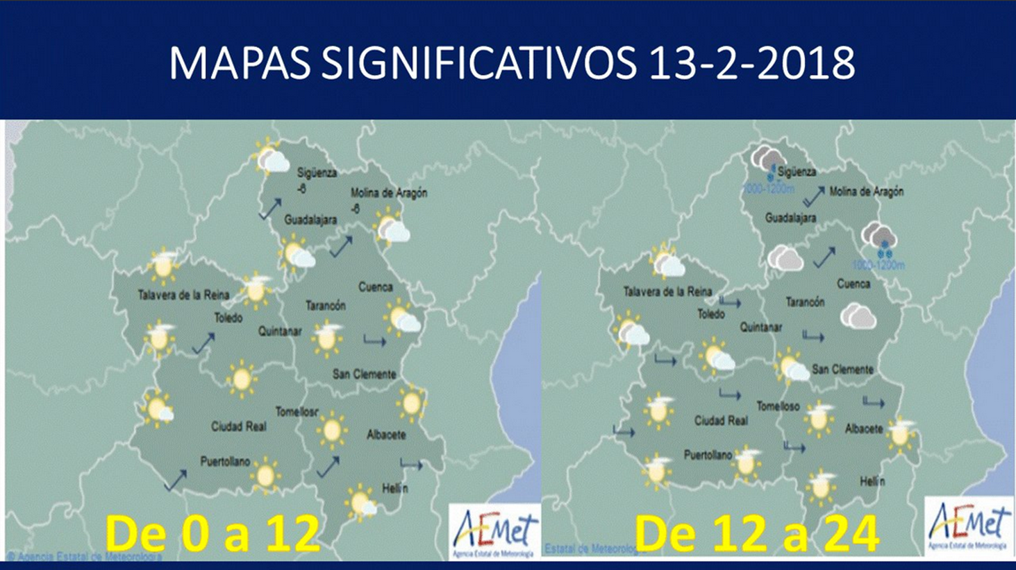 Previsión del tiempo para el 13 de febrero en Castilla-La Mancha. Fuente: Aemet.