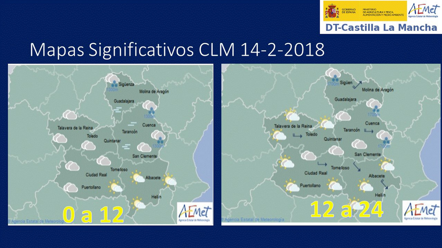 Previsión del tiempo para el 14 de febrero en Castilla-La Mancha. Fuente: Aemet.