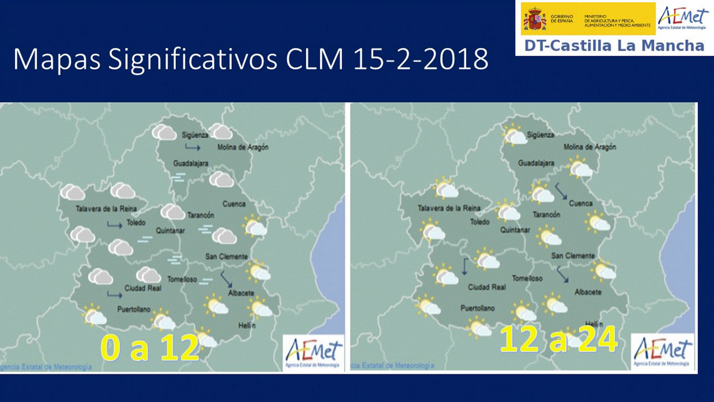 Previsión del tiempo para el 15 de febrero en Castilla-La Mancha. Fuente: Aemet.