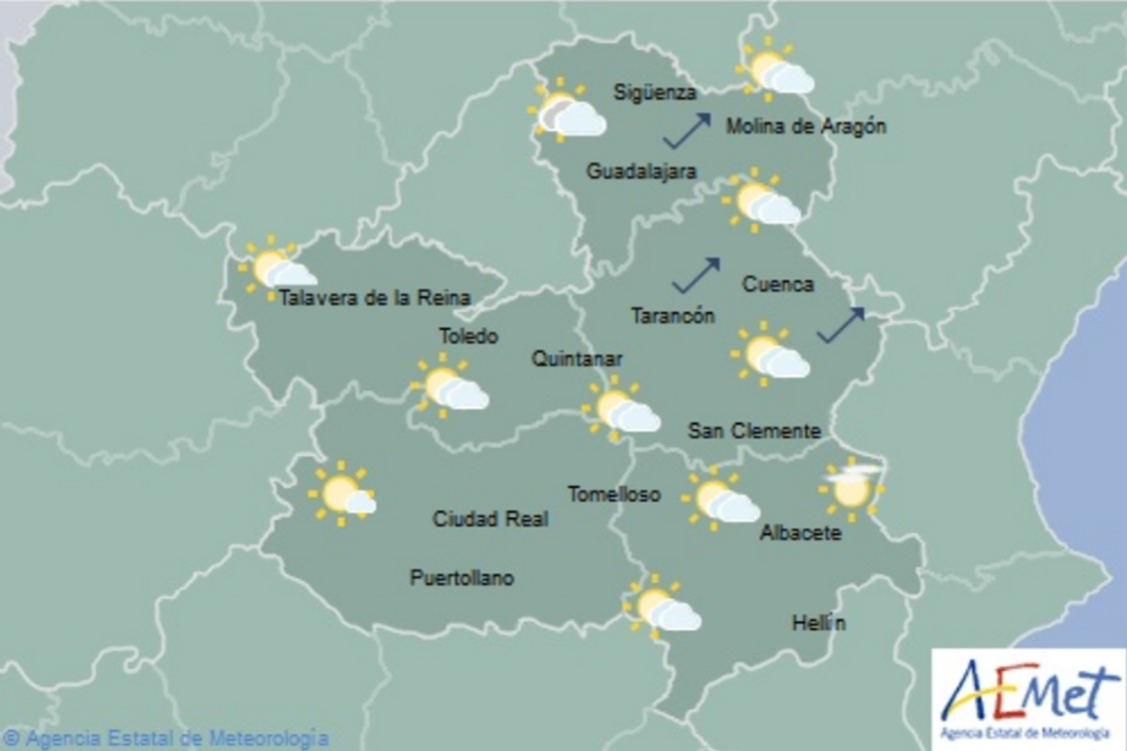 Previsión meteorológica para el 16 de febrero en Castilla-La Mancha. Fuente: Aemet.
