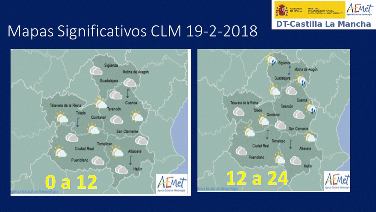 Previsión del tiempo para el 19 de febrero en Castilla-La Mancha. Fuente: Aemet