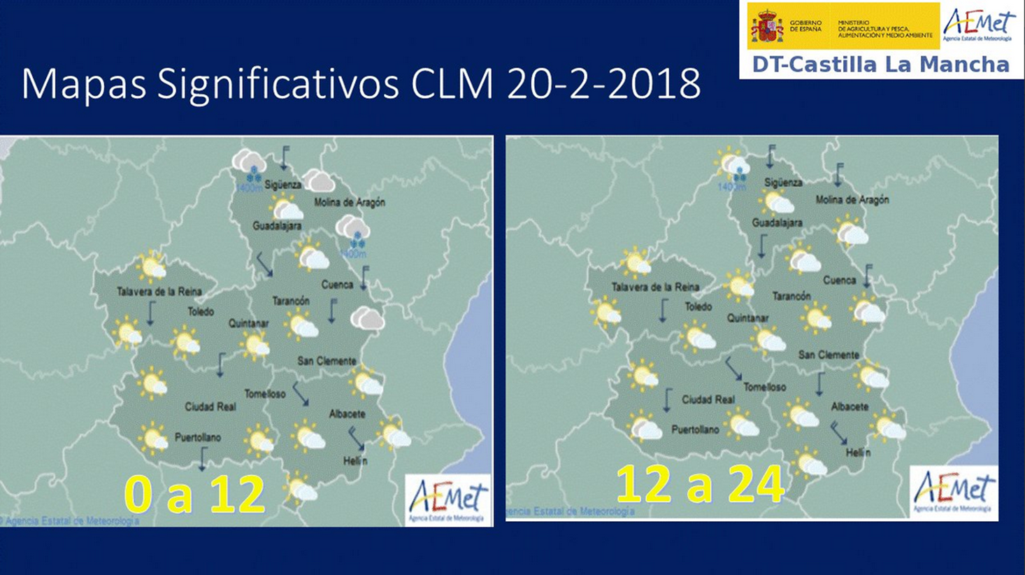 Previsión del tiempo para el 20 de febrero en Castilla-La Mancha. Fuente: Aemet.