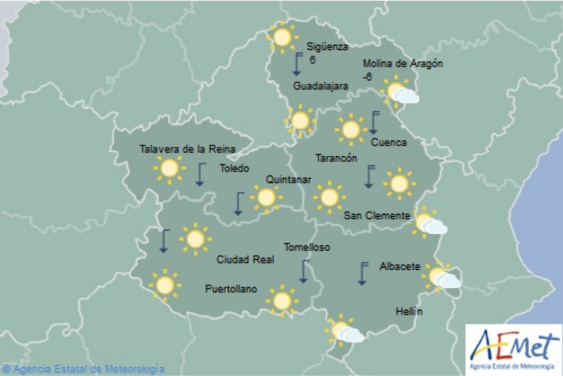 Previsión del tiempo para el 22 de febrero en Castilla-La Mancha. Fuente:: Aemet.