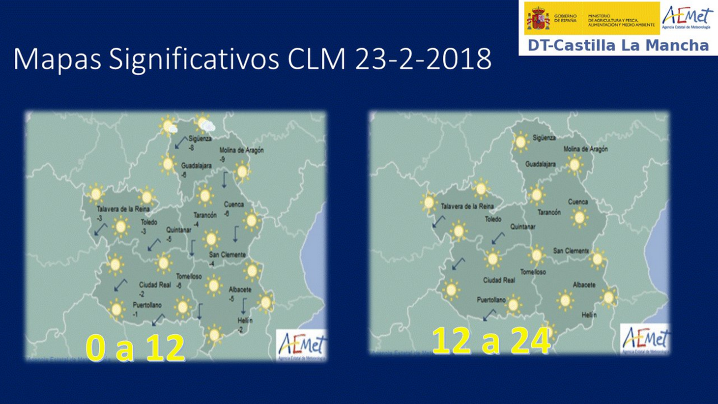 Previsión del tiempo para el 23 de febrero en Castilla-La Mancha. Fuente: Aemet.