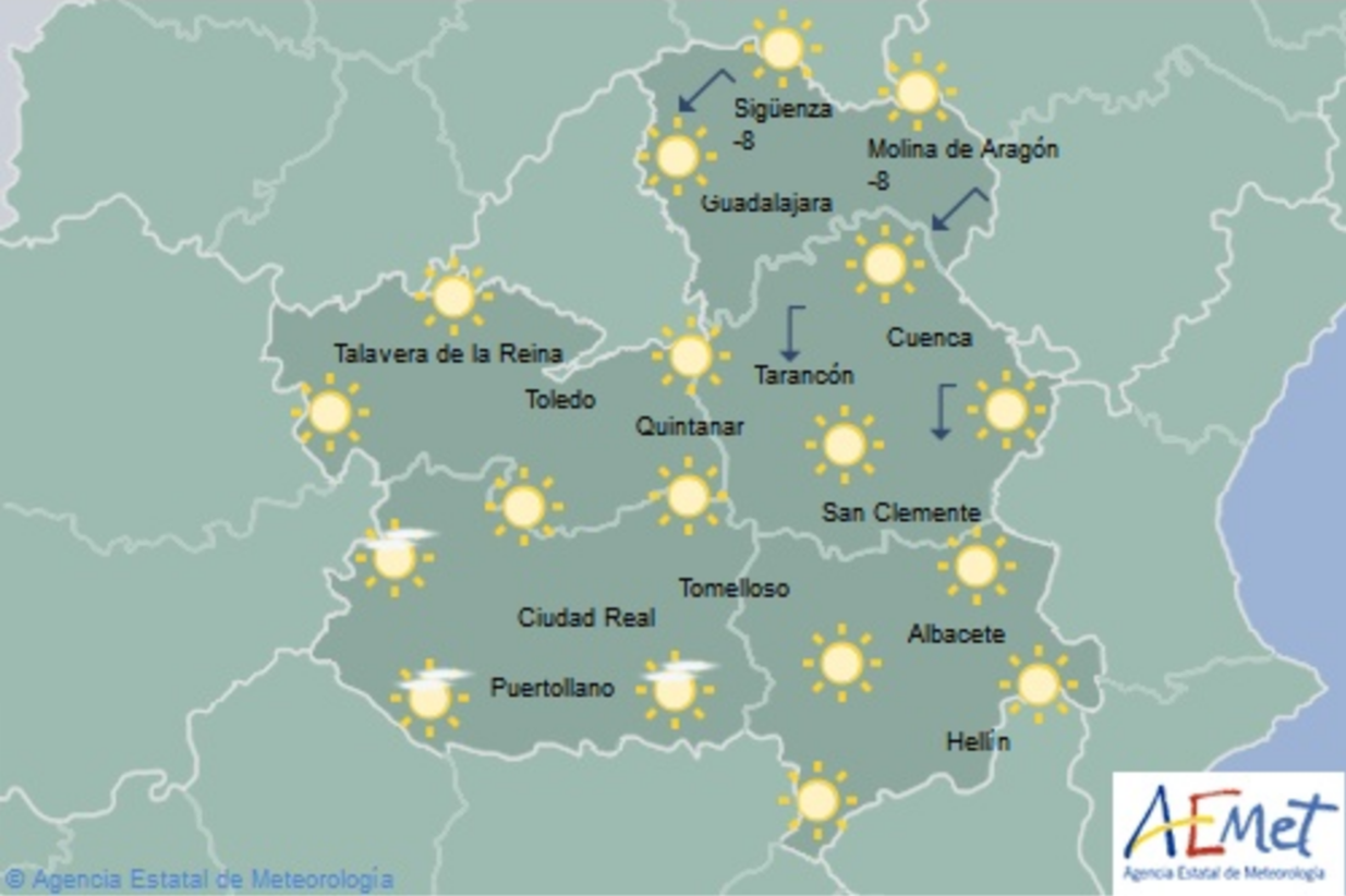 Previsión del tiempo para el 26 de febrero en Castilla-La Mancha. Fuente: Aemet.