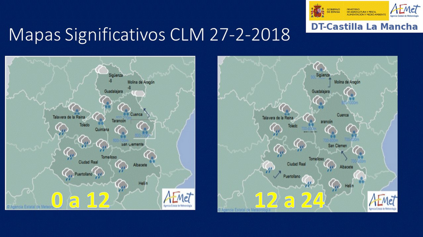 Previsión del tiempo para el 27 de febrero en Castilla-La Mancha. Fuente: Aemet.