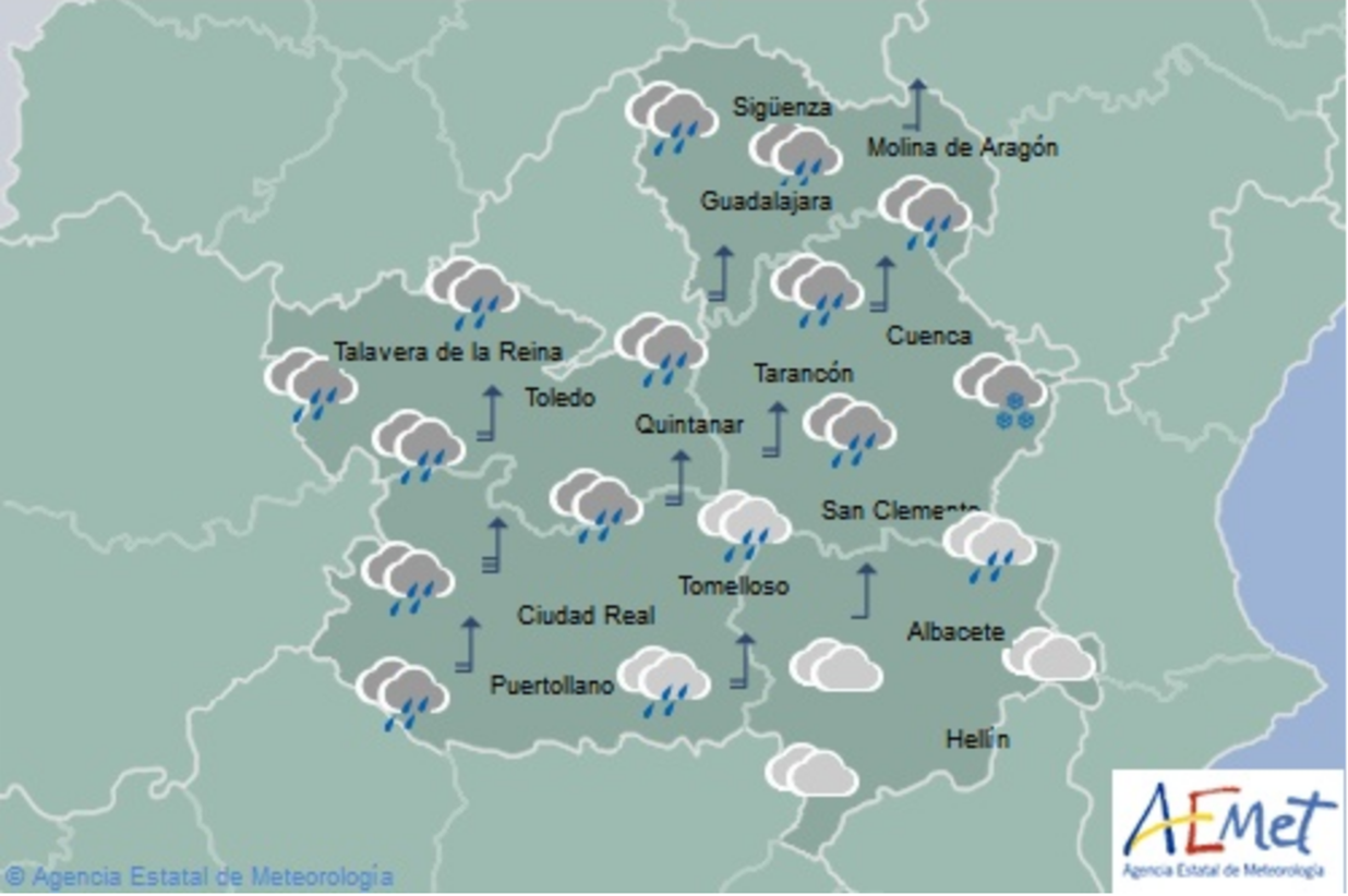 Previsión del tiempo para el 28 de febrero en Castilla-La Mancha. Fuente: Aemet.