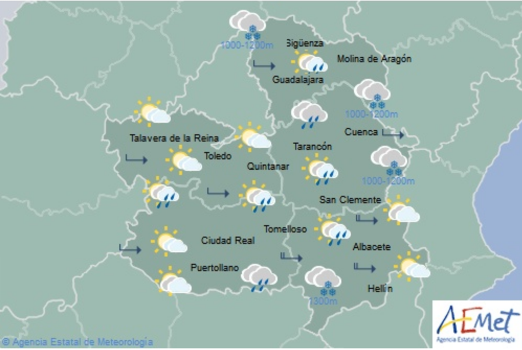 Previsión del tiempo para el 6 de marzo en Castilla-La Mancha. Fuente: Aemet.