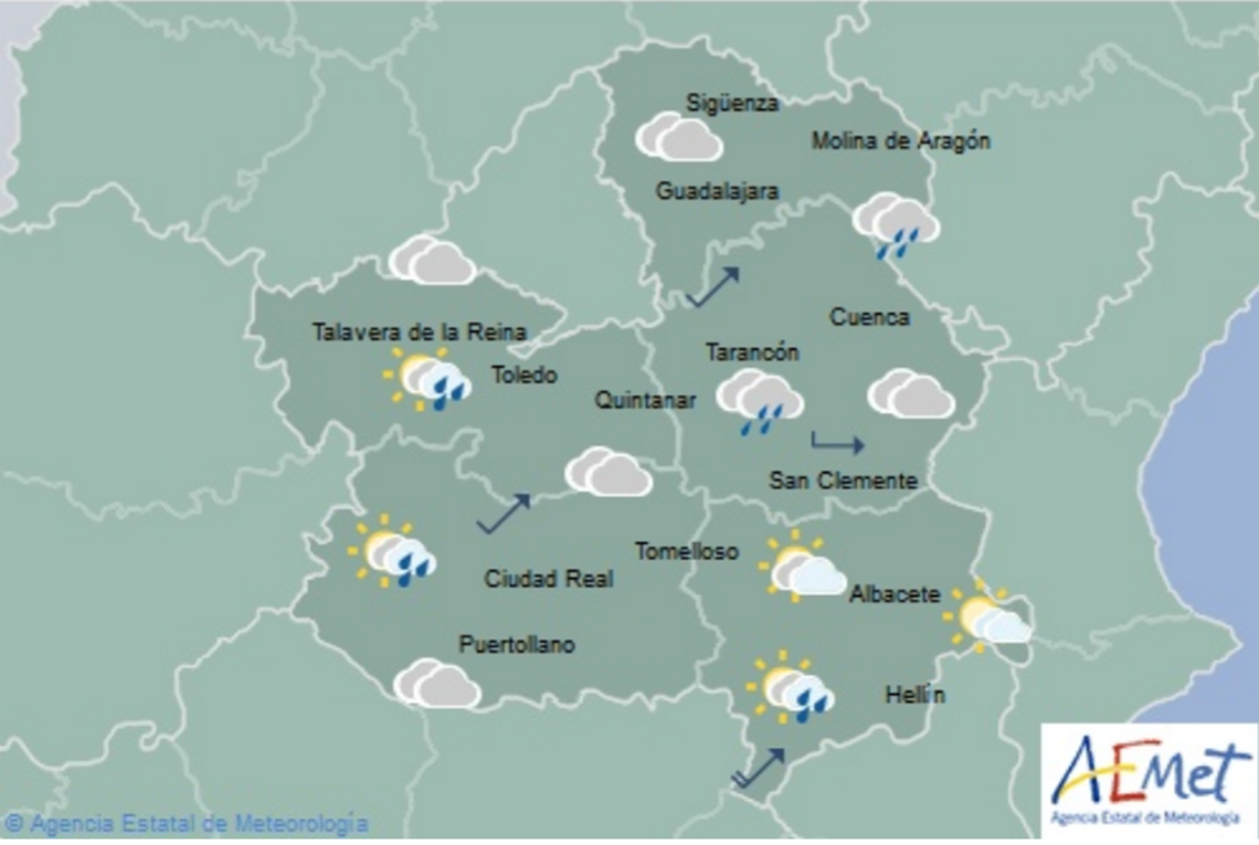 Previsión del tiempo para el 8 de marzo en Castilla-La Mancha. Fuente: Aemet.