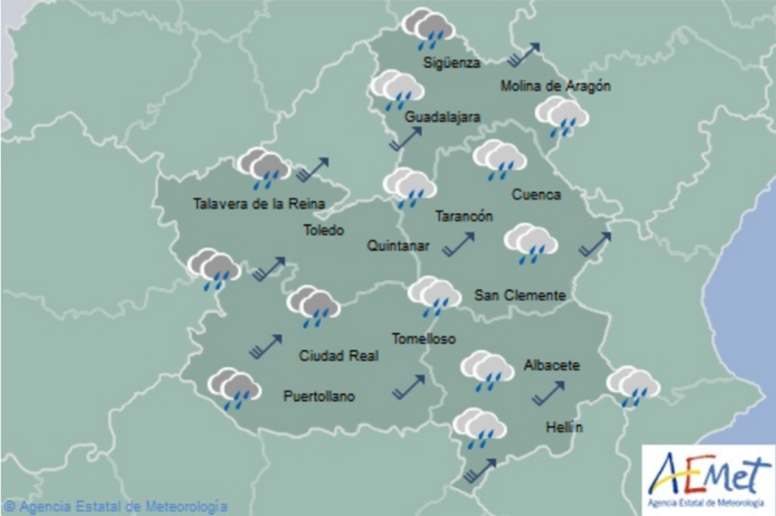 Previsión del tiempo para el 9 de marzo en Castilla-La Mancha. Fuente: Aemet.