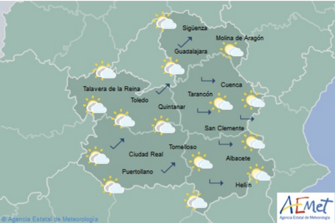 Previsión del tiempo para el 12 de marzo en Castilla-La Mancha. Aemet.