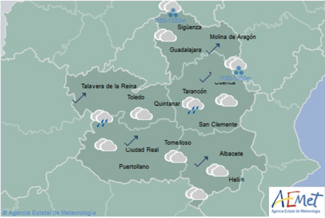 Previsión del tiempo para el 15 de marzo en Castilla-La Mancha. Fuente: Aemet.