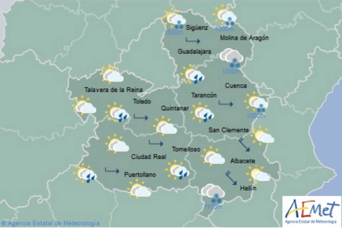 Previsión del tiempo para el 16 de marzo en Castilla-La Mancha. Fuente: Aemet.