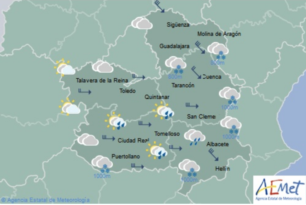 Previsión del tiempo para el 17 de marzo en Castilla-La Mancha. Fuente: Aemet.