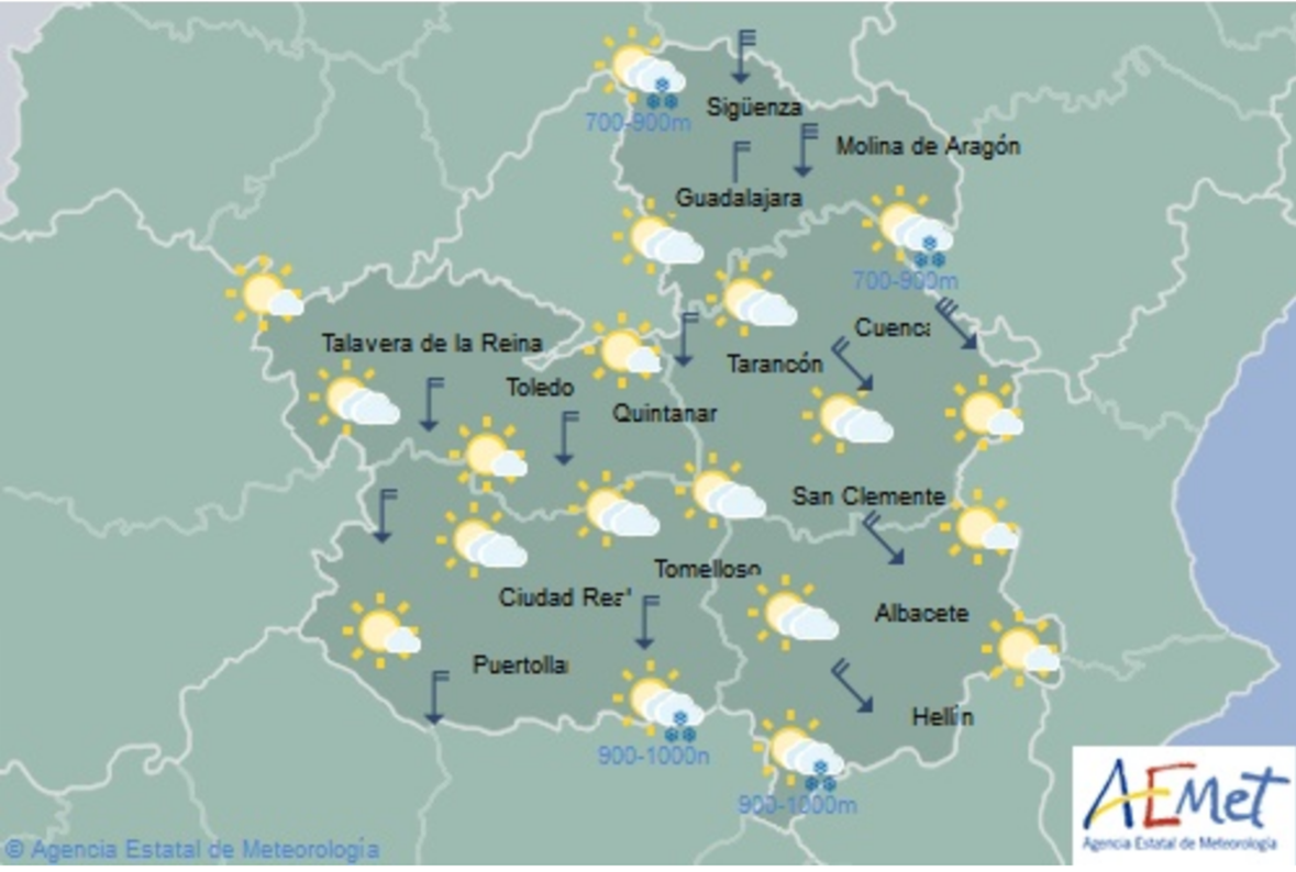 Previsión del tiempo para el 20 de marzo en Castilla-La Mancha. Fuente: Aemet.