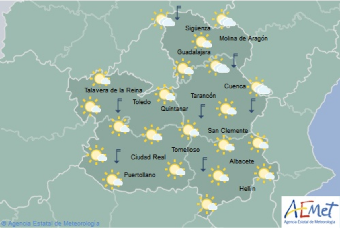 Previsión del tiempo para el 21 de marzo en Castilla-La Mancha. Fuente: Aemet.