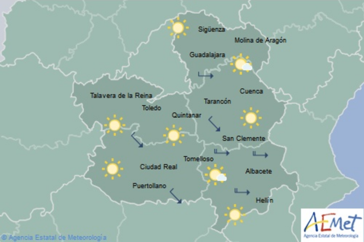 Previsión del tiempo para el 22 de marzo en Castilla-La Mancha. Fuente: Aemet.