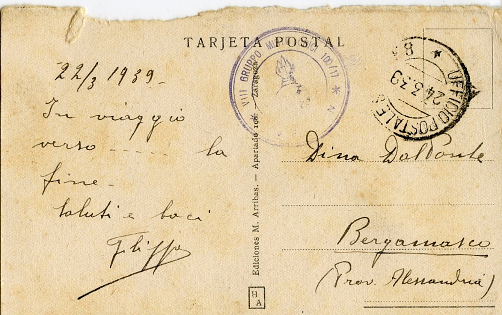 Postal escrita por Filippo con destino a Begasmasco (Italia) en 1939.