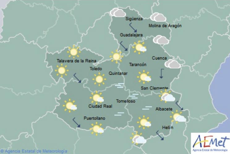 Mapa predictivo de la jornada de hoy, lunes 26, en toda Castilla-La Mancha.