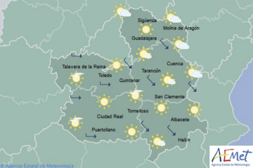 Mapa predictivo de la jornada de hoy, lunes 26, en toda Castilla-La Mancha.