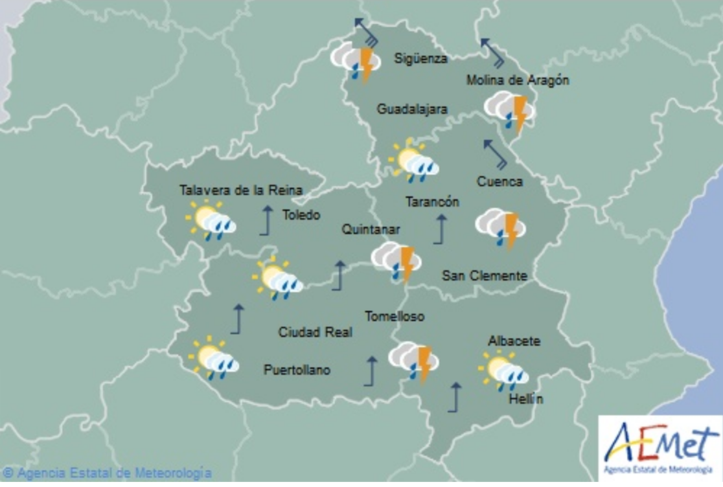 Previsión del tiempo para el 6 de abril en Castilla-La Mancha. Fuente: Aemet.
