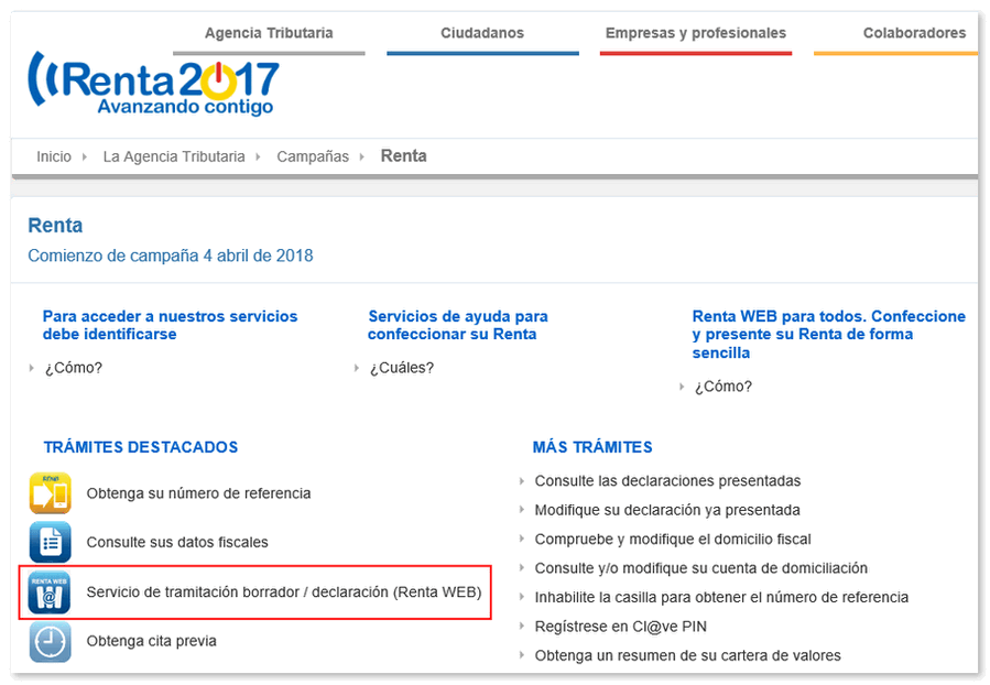 Imagen de la web de la Agencia Tributaria. renta de 2017