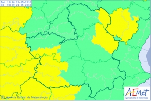 Mapa de la Aemet de riesgo de tormentas en CLM