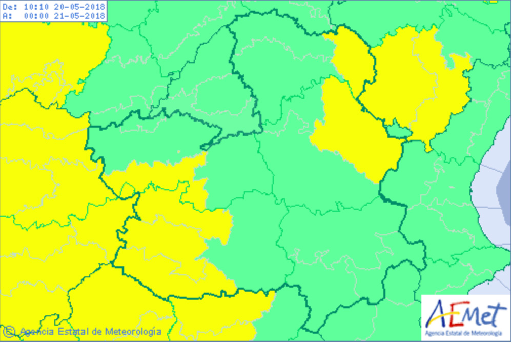 Mapa de la Aemet de riesgo de tormentas en CLM