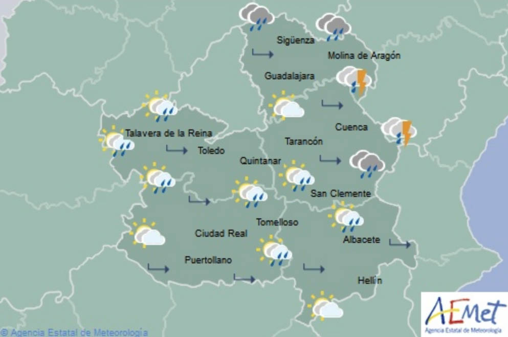 Mapa predictivo de la Aemet para Castilla-La Mancha.