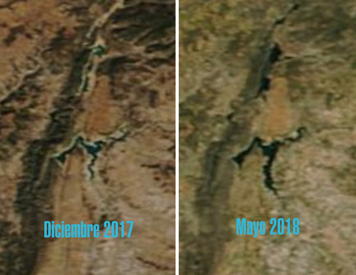 Comparativa desde el espacio de Entrepeñas y Buendía en diciembre de 2017 y mayo de 2018.