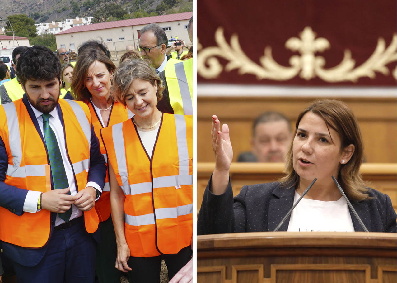 A la derecha, el presidente murciano y la ministra de Agricultura, Fernando López Miras e Isabel García Tejerina, a la derecha, la consejera de Fomento de Castilla-La Mancha, Tita García Élez. trasvase