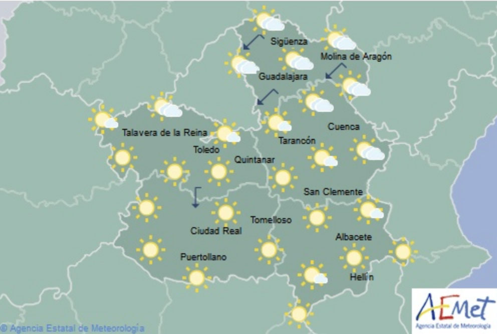 Mapa predictivo de la Aemet para Castilla-La Mancha.