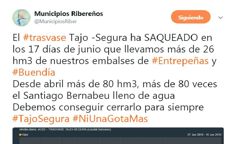 Tweet de la Asociación de Municipios Ribereños de los Embalses de Entrepeñas y Buendía.